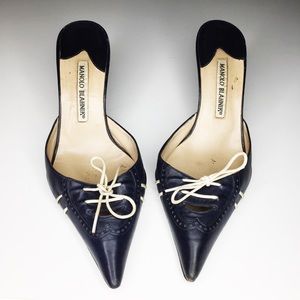 Vintage Manolo Blahnik blue and white mules